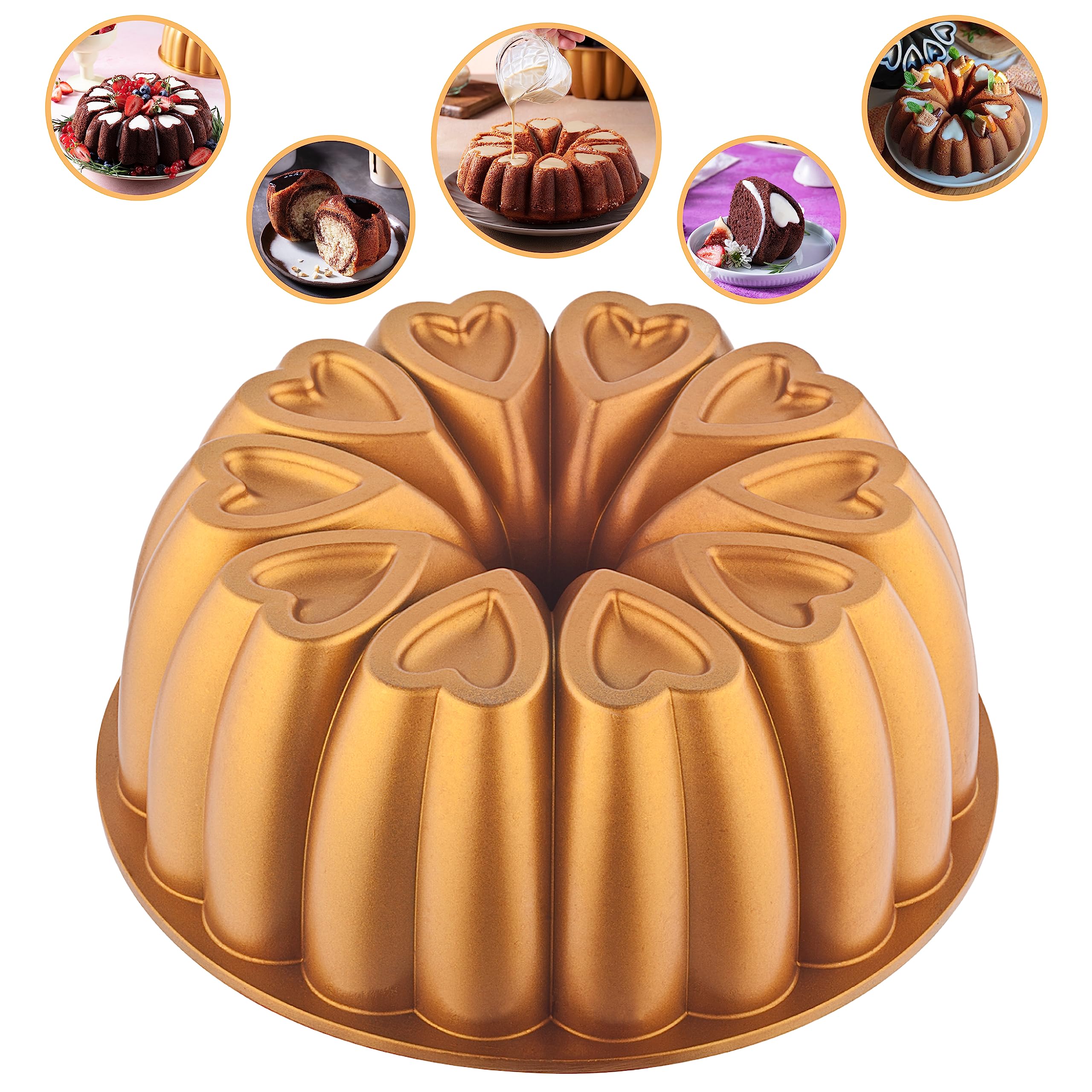 Cake Pan Non-Stick, Heart Shape, 10 Inch Baking Mold, Cast Aluminum Fluted Tube Pan, Easy to Clean, Heavy Duty, Titanium Coating (Gold)