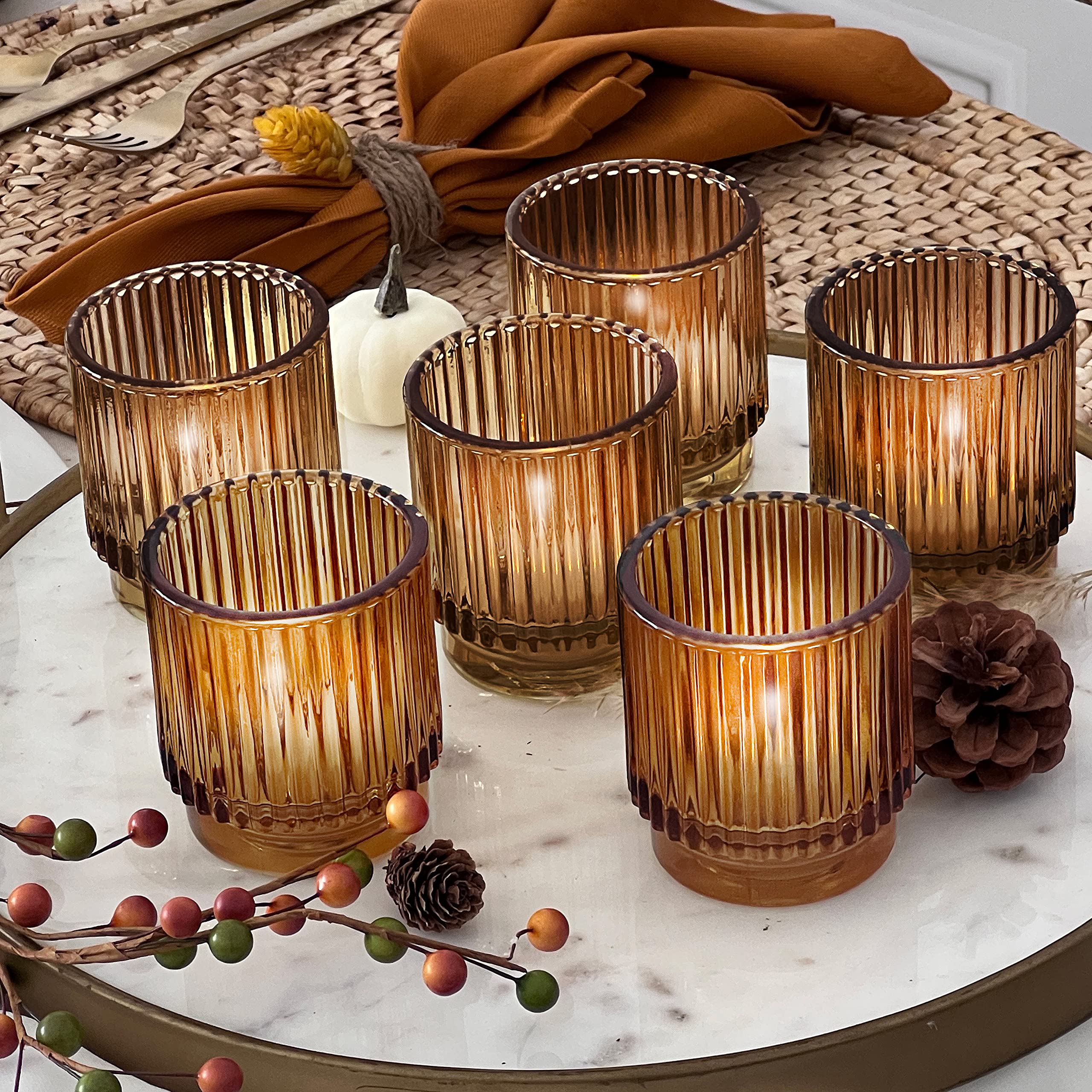 Kate Aspen Vintage Ribbed Amber Glass Tealight & Votive Candle Holders (Set of 6), Fall Decor, Boho Decor, Shelf Decoration
