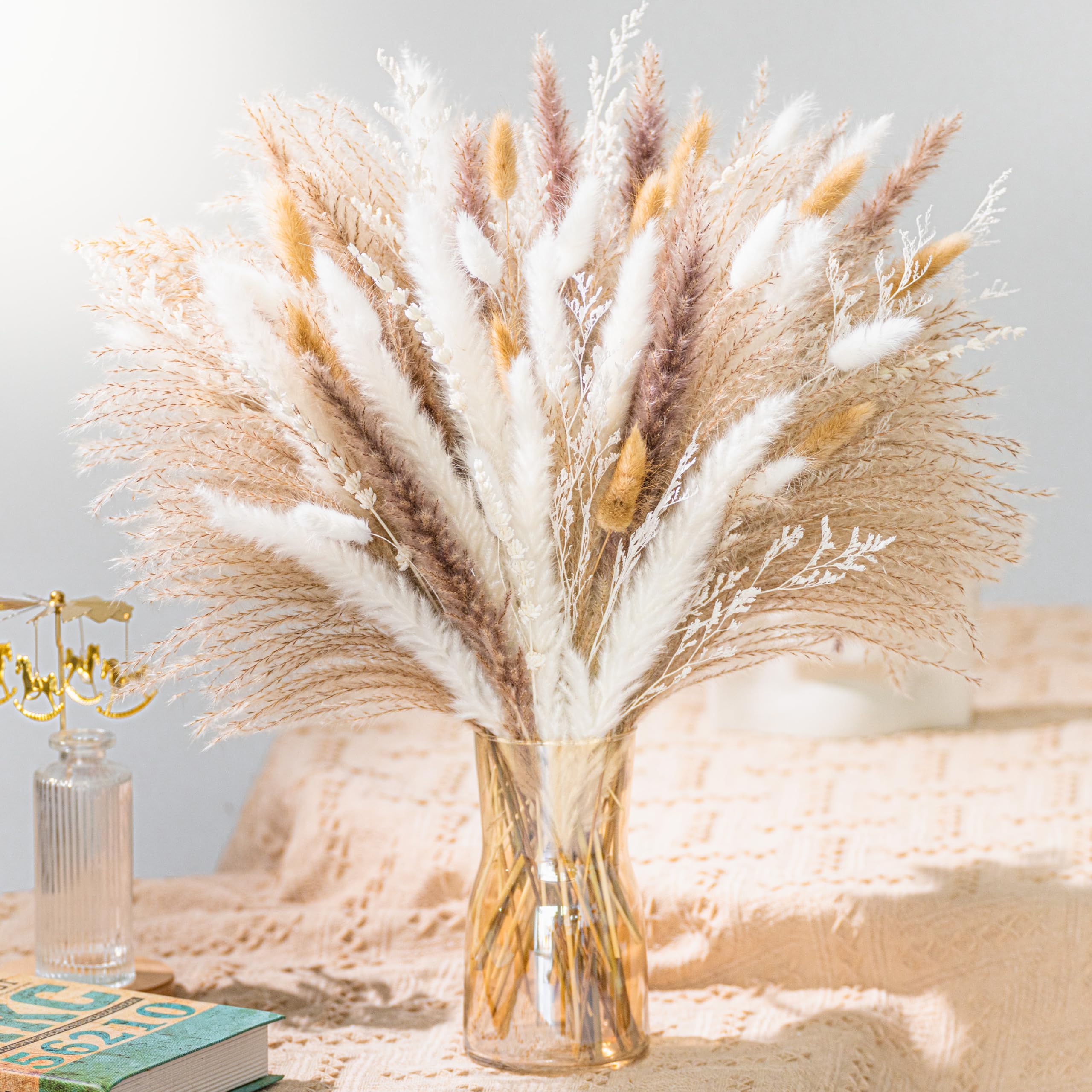 93 Pcs Natural Dried Pampas Grass, Boho Home Decor Bouquet, 8 Kinds Of Grass Mix Bouquet For Table Decor, Rustic Farmhouse Wedding