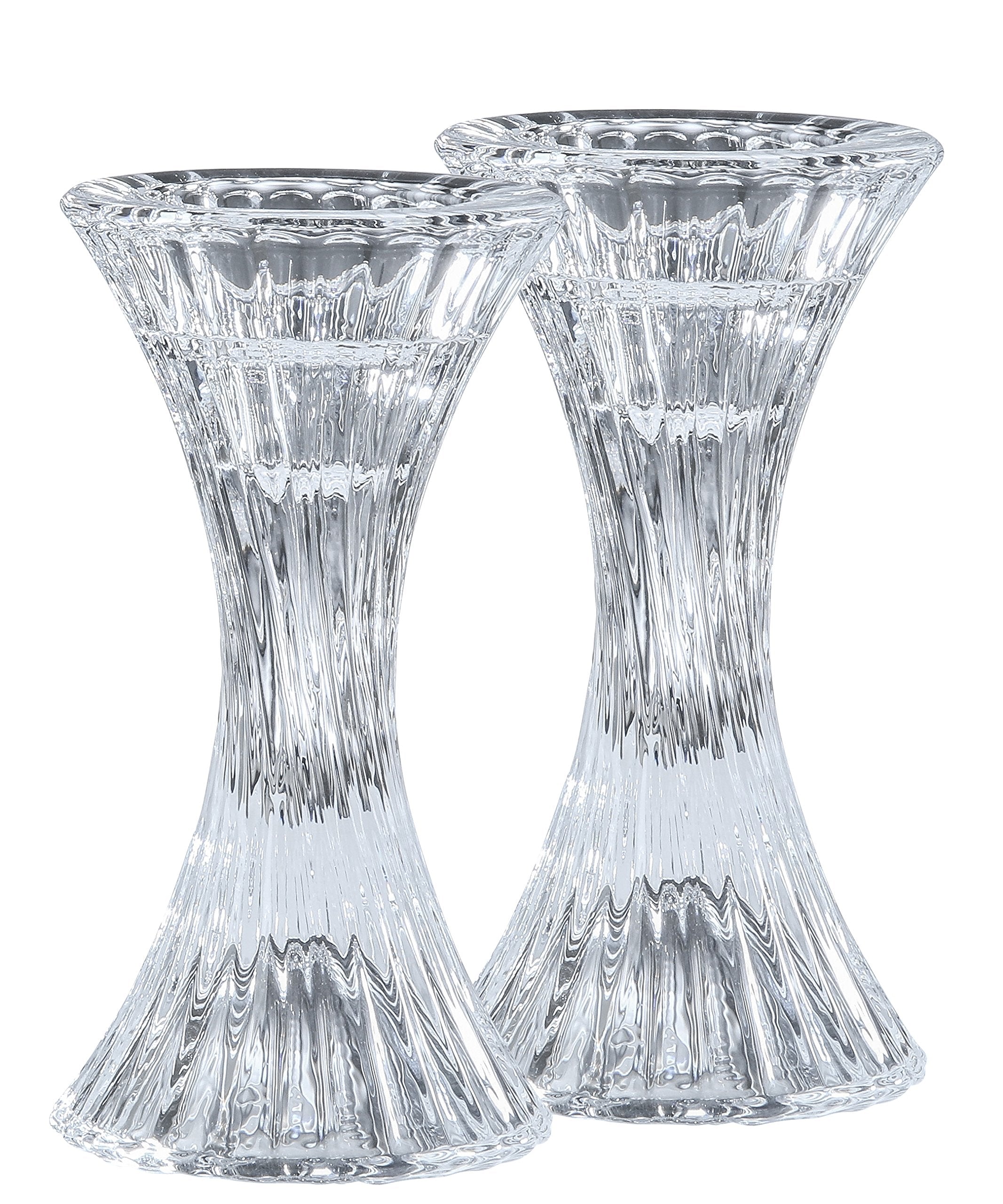Round Base Crystal Candlesticks - 2 Pack Set - Pair of 5 Inch Pinched Fluted Cylinder Design Candle Holders - by Ner Mitzvah