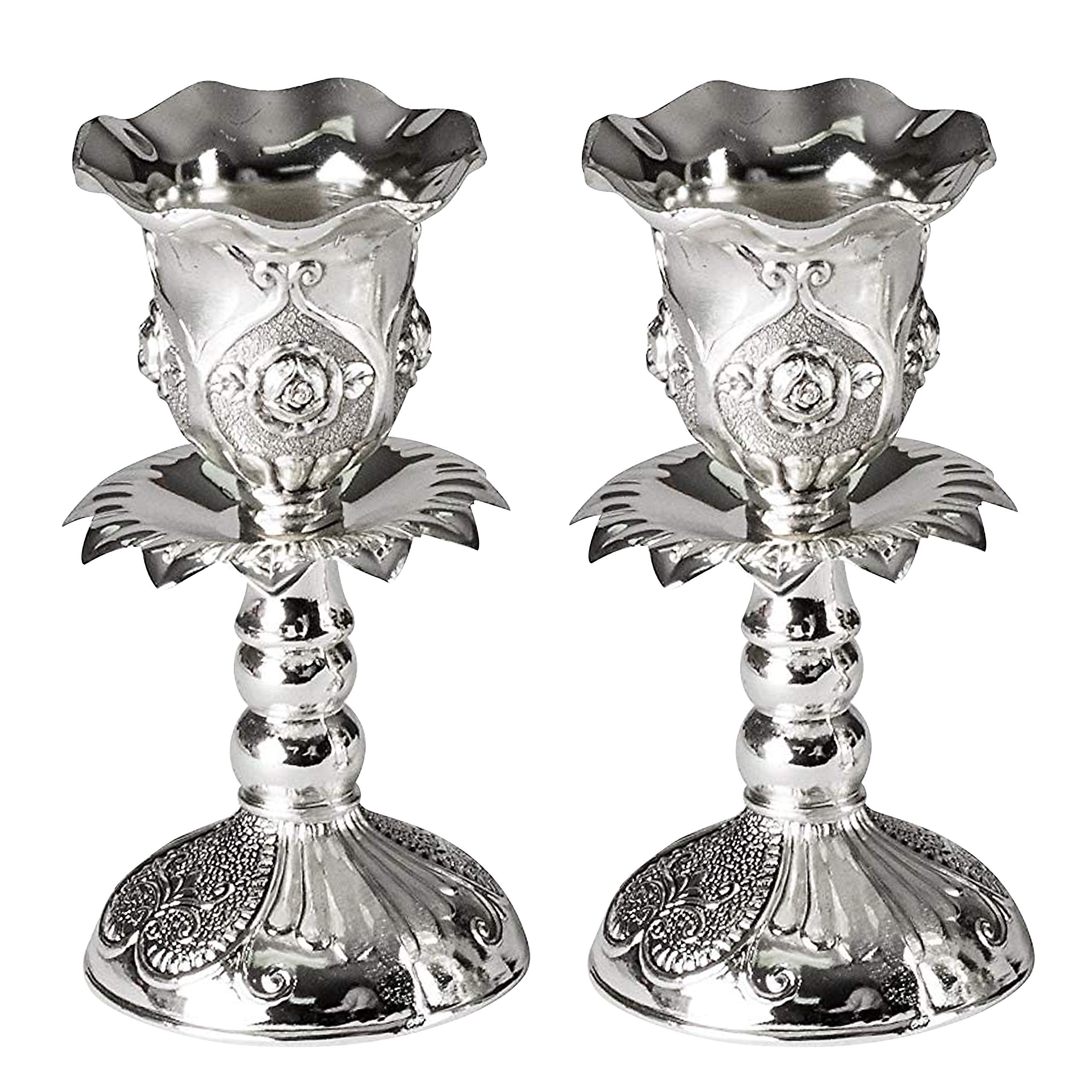Ner Mitzvah Silver Plated Candlesticks - 2 Pack Set - Pair of 4 Inch Ornate Candle Holders with Round Base and Floral Design