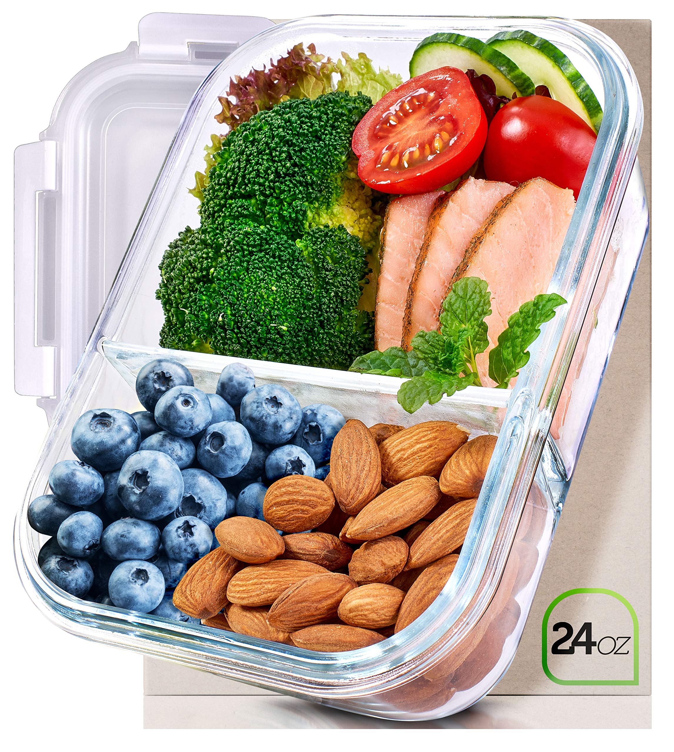 Prep Naturals Glass Meal Containers 2 Compartment - Food Storage With Lids Divided Lunch Container 24 Ounce