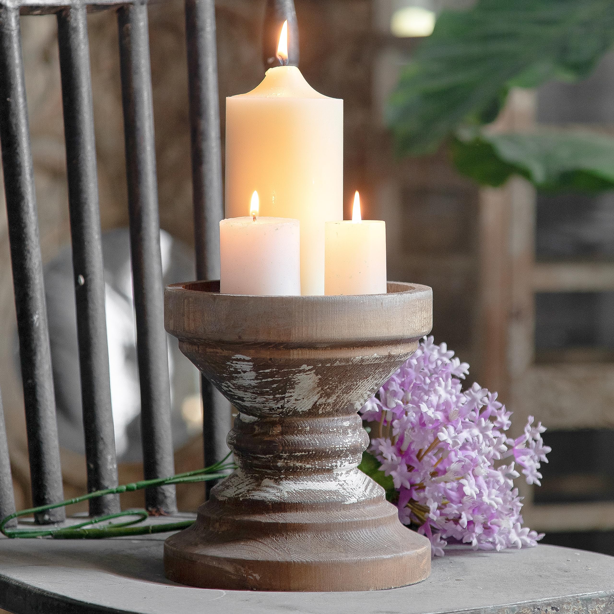 SOFE Farmhouse Antique Candle Holder for Pillar Candle, Vintage Wooden Pillar Candle Holder,Rustic Candlestick Holder for Table Centerpiece,Coffee Table Decor (6.7" x 6.7" x 7.1")